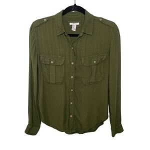 Forever 21‎ Button Up Blouse Top Long Sleeve Pocket Front Collared  Army Green S